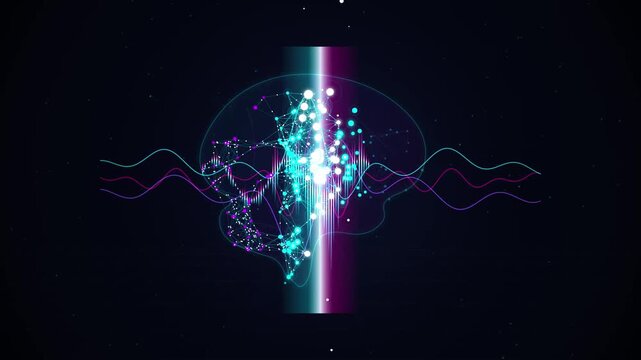 Abstract digital brain visualization with glowing neural network and frequency waves.
