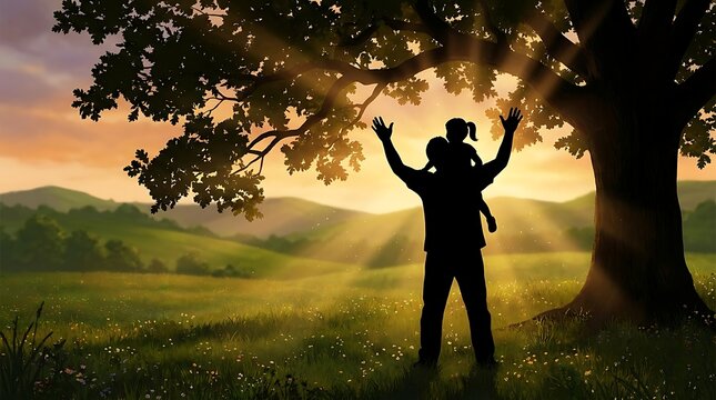 Silhouette of father and daughter playing under a tree