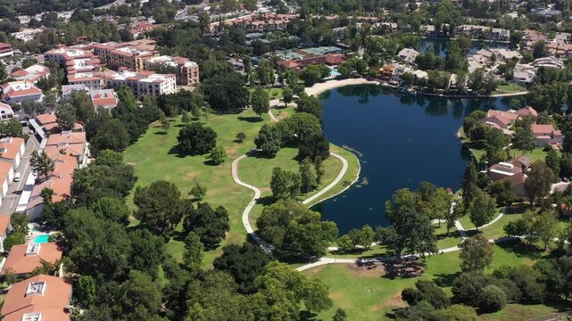 Aerial view of a lakefront neighborhood in Calabasas