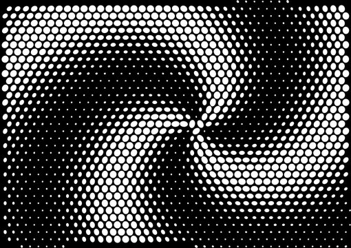 Abstract swirl halftone dot pattern in white on black, vector background with copy space