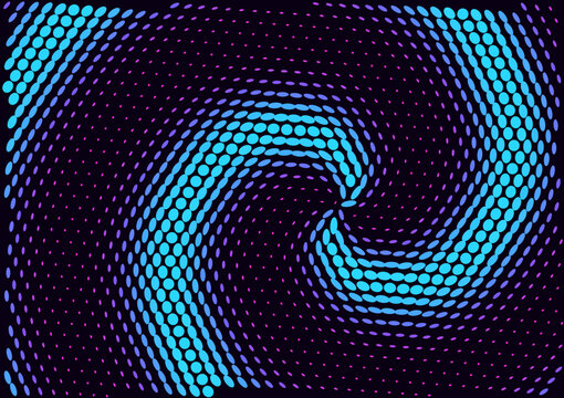 Abstract swirl halftone dot pattern in neon pink and cyan, vector background with copy space