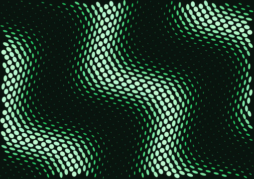 Abstract wave halftone dot pattern in green on dark, vector background with copy space