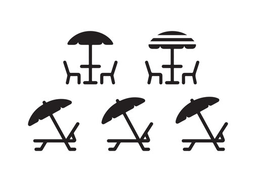 Black silhouette cafe tables with umbrellas and beach chairs vector set on transparent background for summer vacation.