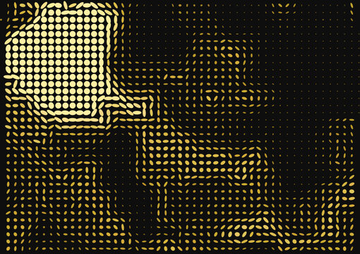 Abstract organic morphing halftone dot pattern in gold on black, vector background with copy space