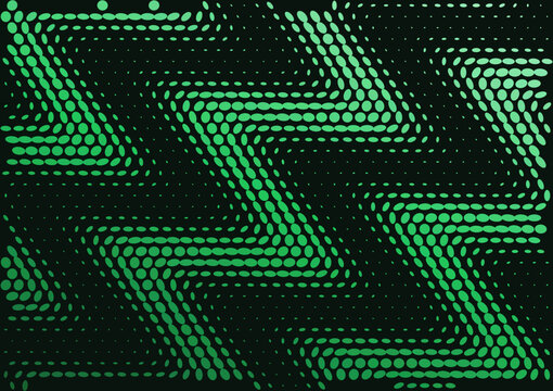 Abstract wave halftone dot pattern in green on dark, vector background with copy space