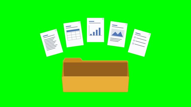 A yellow folder opens and releases five documents into an organized fan before collecting them and closing. A seamless 14-second 4K green screen animation for file management and administration