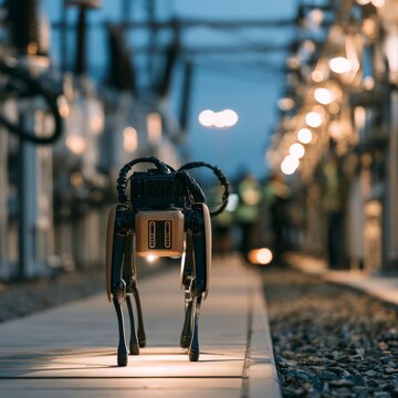 Four-legged robot walks along a paved path inside an illuminated industrial facility