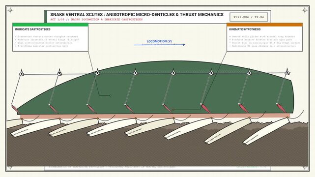 2D animation explaining the thrust mechanics of Serpentes snake ventral scutes, detailing anisotropic micro-denticles, geometric keying mechanisms, and directional frictional anisotropy