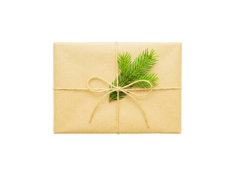 Beautiful Gift Package Wrapped With Twine And Pine Branch transparent background