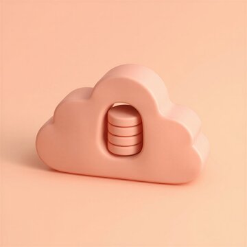 Playful 3D clay-style managed cloud database as a service concept with cylinder nested inside pastel cloud on coral background, generative AI