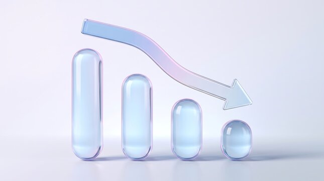 Glass bar chart showing downward trend with arrow declining against clean white background for corporate financial analysis and futuristic business growth strategy visualization