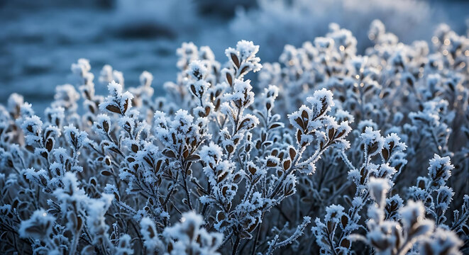 Frost covered small green leaves on branches during a cold winter morning in nature