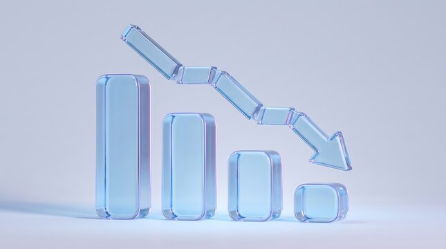 Glass bar chart showing financial decline with downward arrow trend indicator against soft neutral background representing economic downturn and market loss in minimalist 3d render