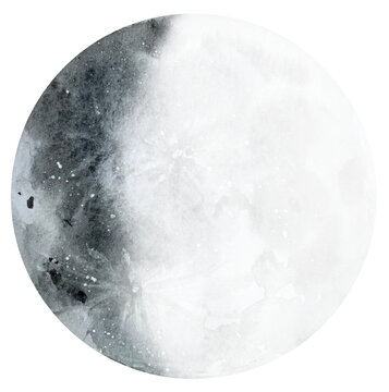 Hand painted watercolor waning crescent moon phase showing the illuminated left lunar edge and craters on a dark background
