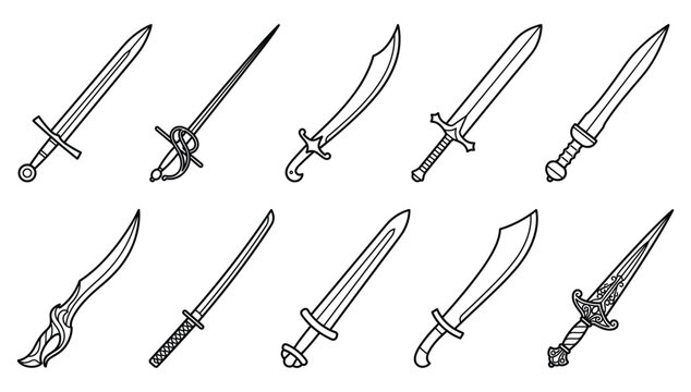 Medieval and Fantasy Sword Icon Set for Gaming, Historical Heraldry, Weapon Logos, and Tattoo Graphic Designs