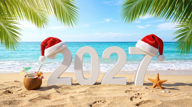 White numbers representing the year twenty twenty seven with red santa hats on a sunny tropical beach with palm tree leaves