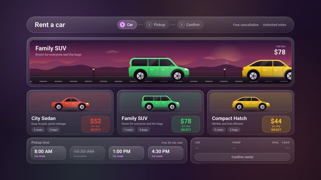 Car Rental User Interface Animation Showcase Displaying Vehicle Selection Options And Booking Process For Mobile Application Design Presentations