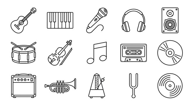 Minimal line art icon collection showcasing musical instruments audio equipment and sound recording gear