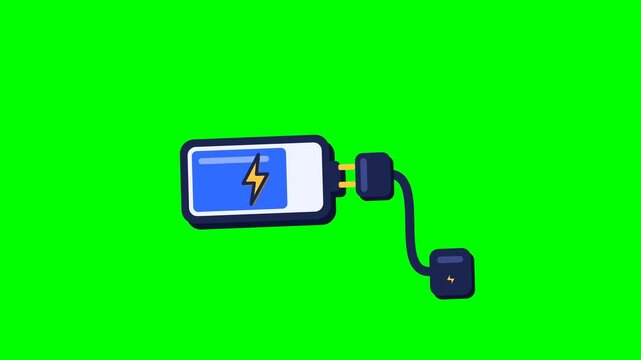 Charger plug connecting to battery icon animation, phone charging concept, green screen seamless loop 4K