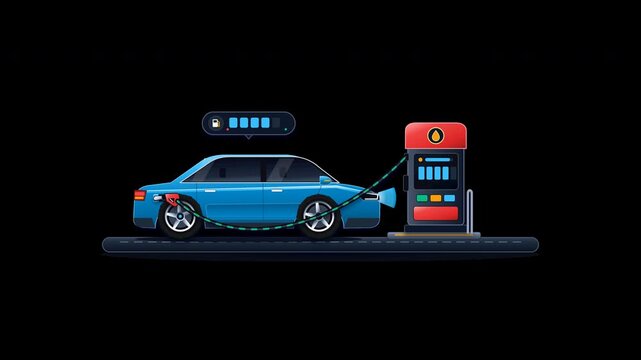 Car animation showing a blue vehicle refueling at a gas pump