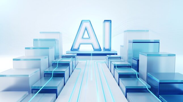 Artificial intelligence text glowing on glass platform surrounded by geometric blocks and digital circuit pathways in clean futuristic virtual environment with soft blue light illumination