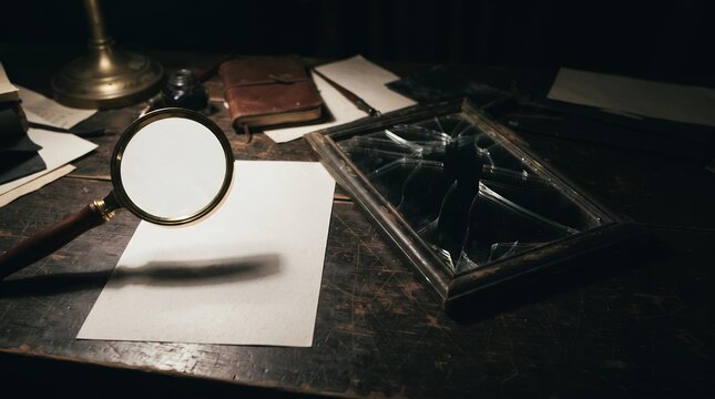 Magnifying Glass over Blank Paper Beside Broken Mirror on Dark Desk Representing Misinformation and Fake News Investigation