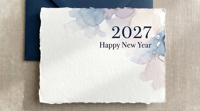 Happy new year 2027 message on handmade paper card with watercolor wash