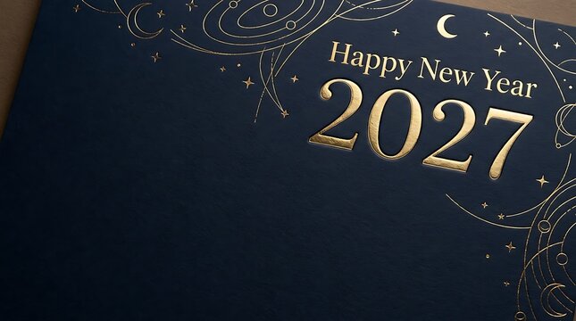 Golden happy new year 2027 text with celestial star illustration