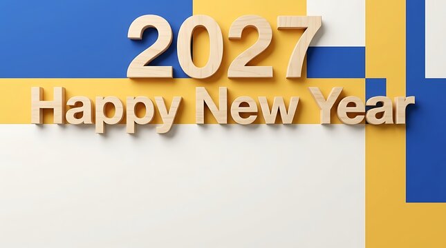 Wooden 2027 happy new year letters on colorful geometric backdrop with greeting