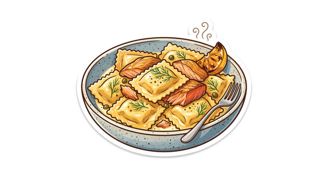 Salmon ravioli with dill and lemon a detailed watercolor illustration