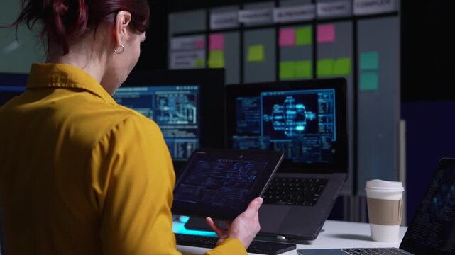 programmers brainstorming secure data storage and network systems working in website a software and coding technology.