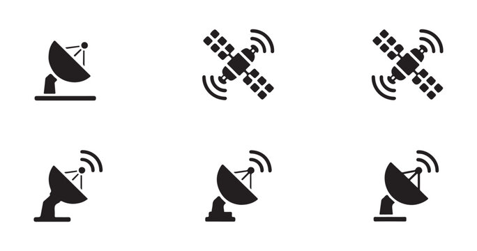 Satellite and parabolic antenna dish icons representing telecommunication systems and space signal.