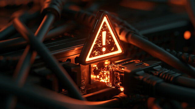 Network security warning alert symbol with glowing orange triangle exclamation mark among server cables and ethernet connections