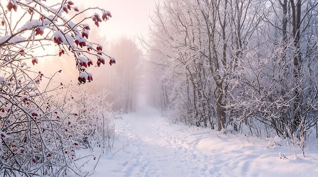 A beautiful scenic view of a tranquil forest path covered in fresh white snow during a cold winter morning sunrise