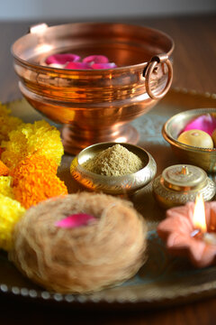 Abhyang snan is a traditional Ayurvedic and ritualistic bath performed before sunrise, with home made scrub and oil. Close up of Diwali bath ritual elements.
