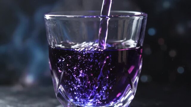 Purple liquid pouring into patterned glass with vibrant splash