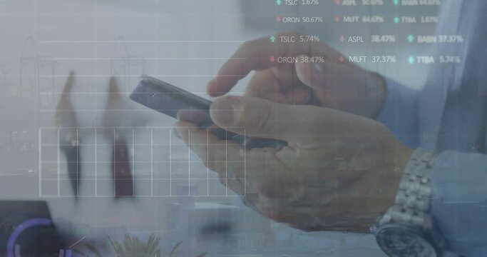 Holding smartphone, hands tapping screen at office, wearing dress shirt and watch with stock ticker