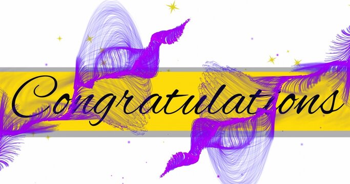 Showing centered band with cursive Congratulations on yellow ribbon on white canvas, purple swirls