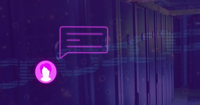 Floating neon chat icon and avatar hovering above datacenter aisle, server racks, code, copy space