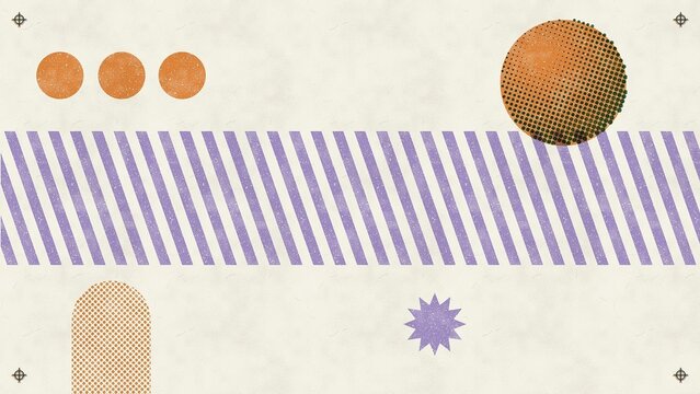 Abstract geometric graphic with a wide band of slanted purple stripes, orange circles, dotted forms and a purple starburst on a textured ivory field