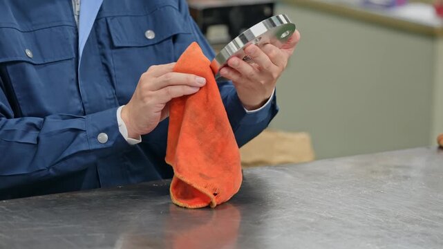 A worker inspecting parts. Factory, manufacturing, metal, machinery, engineer, inspection, verification, testing, assembly, industry, polishing, process.
