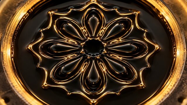 Overhead macro of a symmetrical octagonal acoustic cymatics wave pattern in dark oil with gold light