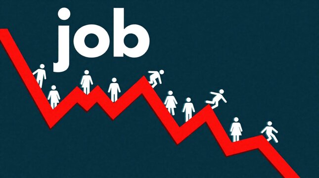 Red downward arrow graph shows job market decline. Small white human icons fall from falling line during economic recession. Concept of unemployment crisis, business loss, financial instability in