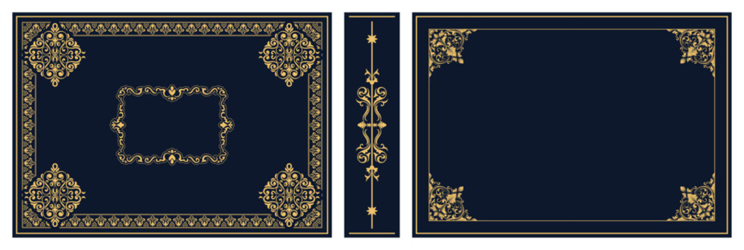 Horizontal cover, vintage elements, horizontal border patterns, dark blue background
