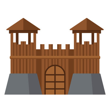 Ancient wooden fort castle gate vector illustration isolated on white background. Medieval fortress watchtower flat icon.
