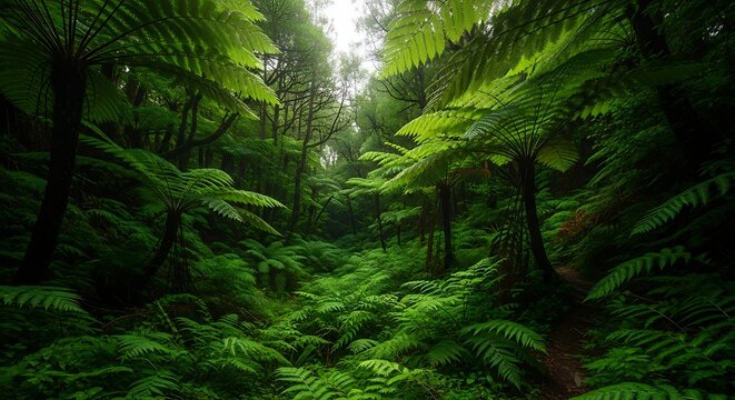 Lush green tree ferns growing inside a dense temperate rainforest with a narrow dirt path