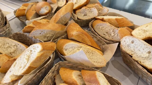 Sliced baguette bread displayed in wicker baskets