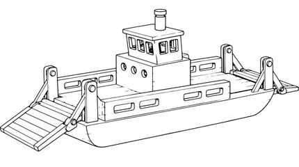 Carved wooden toy ferryboat featuring dual hinged drop ramps and a central cabin with smokestack, presented as a black outline vector illustration with fine woodgrain details for children © KajiIvsharJaan