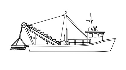 Commercial clam dredging boat vessel fitted with a stern bucket elevator conveyor, rake harvester, and pilot wheelhouse, shown as a black outline vector illustration for shellfish aquaculture © KajiIvsharJaan