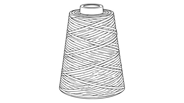 Industrial cotton thread cone spool wound with dense crisscross yarn strands around a central hollow core, drawn as a black outline vector illustration for bag closing and textile sewing packaging
